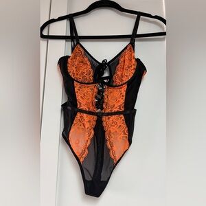 Knotty Knickers Black and Orange Lace Bodysuit, small